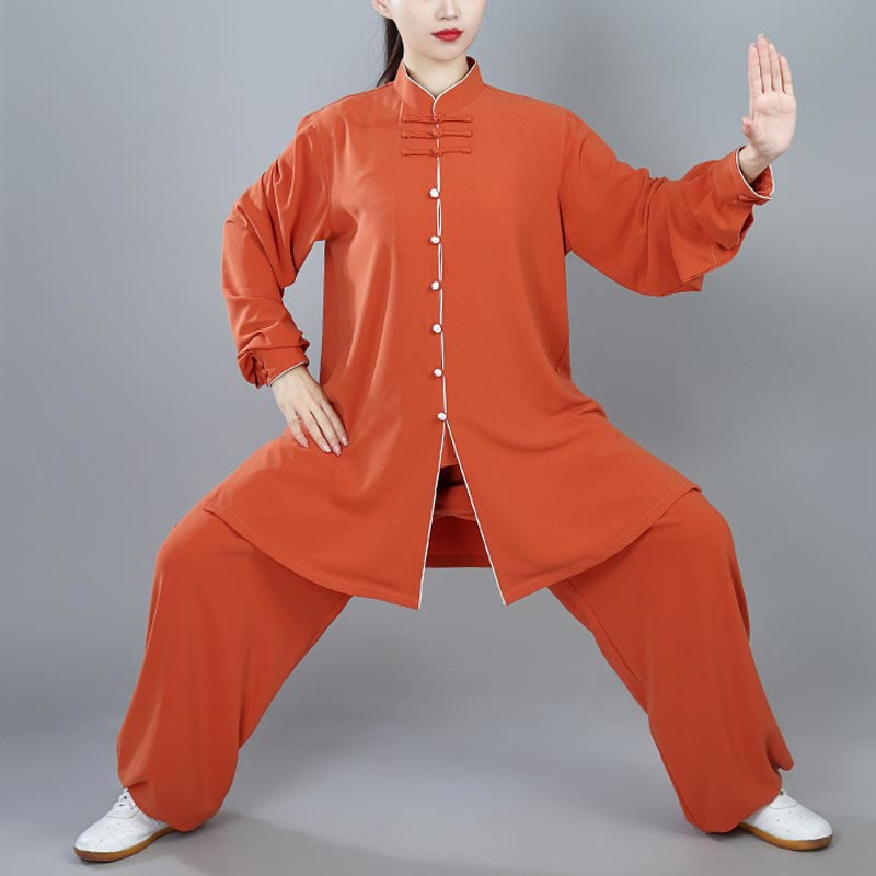 Buddha Stones 2Pcs Fall Solid Color Frog-Button Tai Chi Meditation Qigong Zen Practice Unisex Cotton Clothing Set - image 1