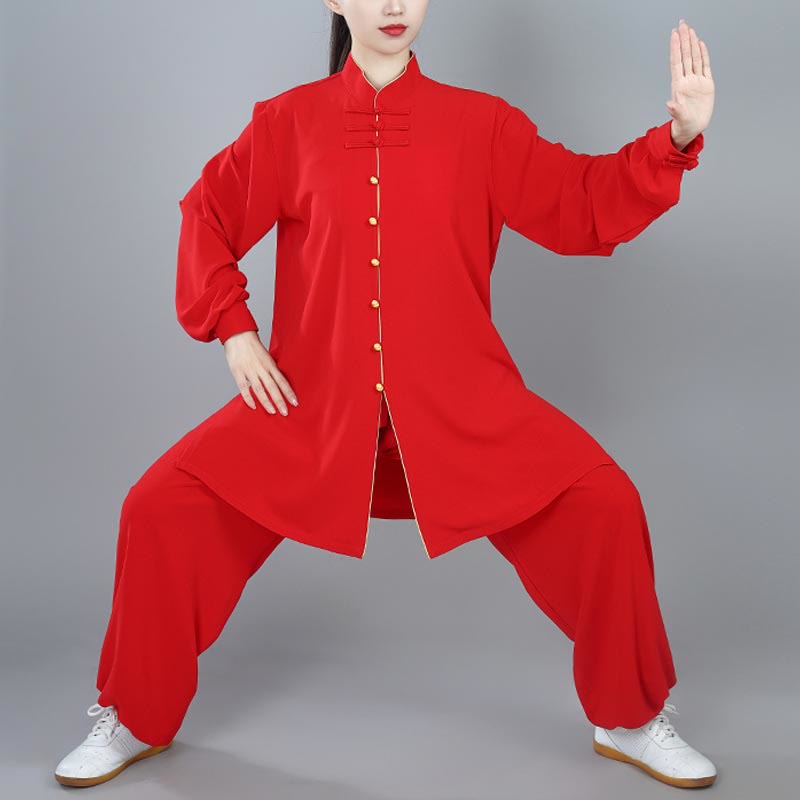Buddha Stones 2Pcs Fall Solid Color Frog-Button Tai Chi Meditation Qigong Zen Practice Unisex Cotton Clothing Set - Red - 3XL-FIT FOR US/UK/AU/EU-XL - image 23