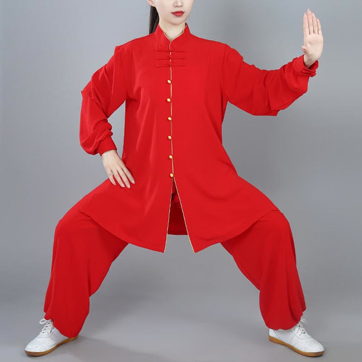 Buddha Stones 2Pcs Fall Solid Color Frog-Button Tai Chi Meditation Qigong Zen Practice Unisex Cotton Clothing Set - Red - 3XL-FIT FOR US/UK/AU/EU-XL - image 23