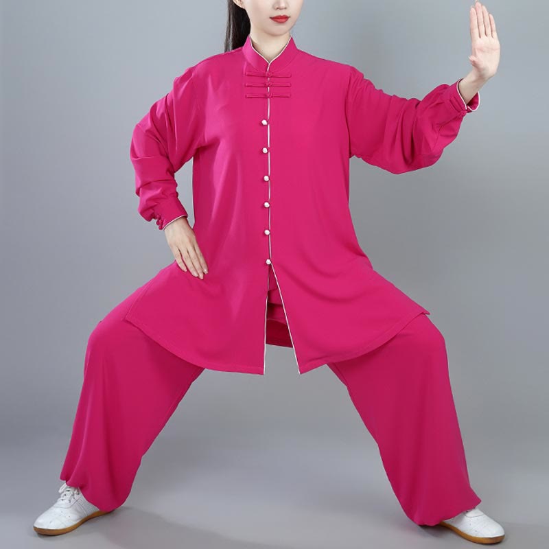 Buddha Stones 2Pcs Fall Solid Color Frog-Button Tai Chi Meditation Qigong Zen Practice Unisex Cotton Clothing Set - DeepPink - 3XL-FIT FOR US/UK/AU/EU-XL - image 13