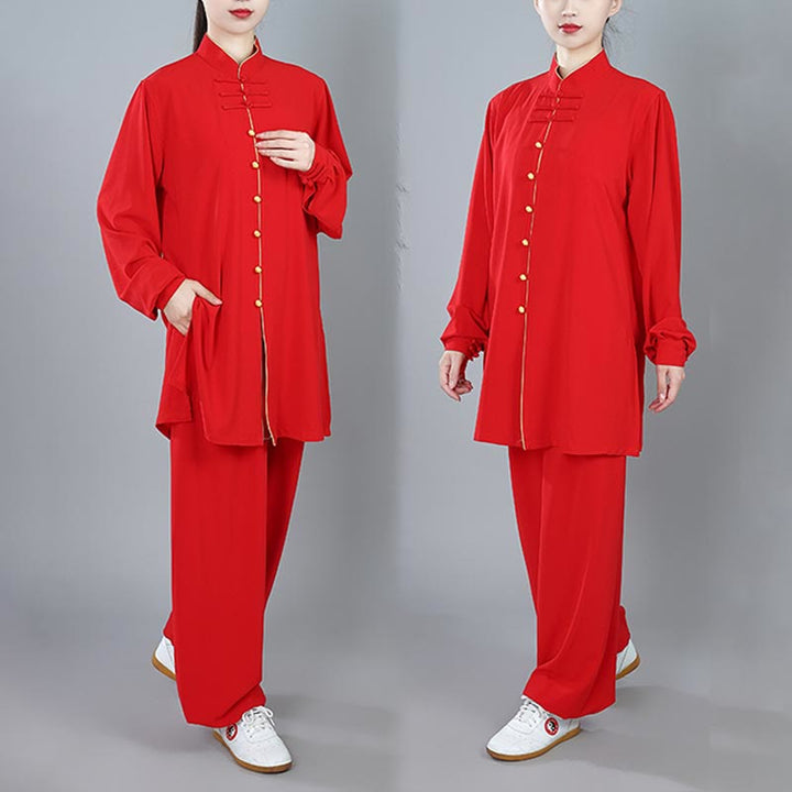 Buddha Stones 2Pcs Fall Solid Color Frog-Button Tai Chi Meditation Qigong Zen Practice Unisex Cotton Clothing Set - image 26