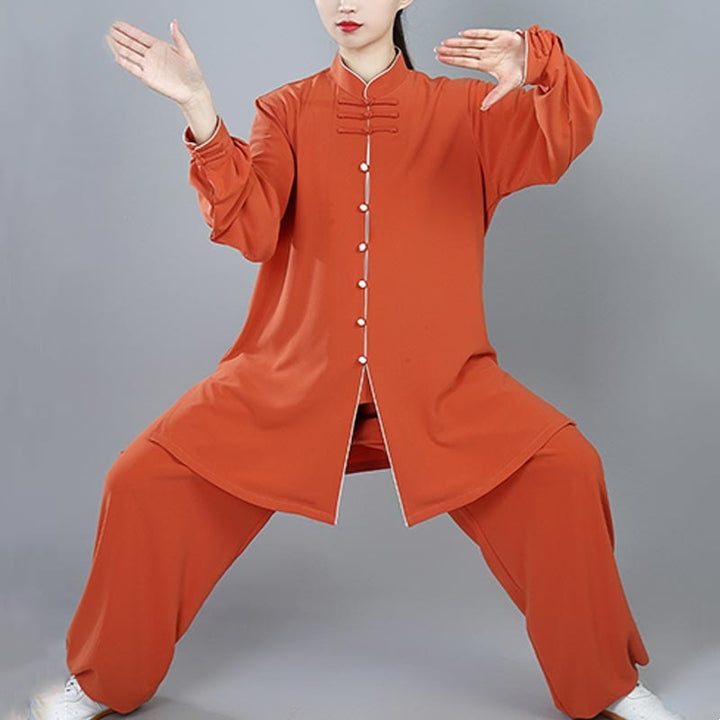 Buddha Stones 2Pcs Fall Solid Color Frog-Button Tai Chi Meditation Qigong Zen Practice Unisex Cotton Clothing Set - DarkOrange - 3XL-FIT FOR US/UK/AU/EU-XL - image 0