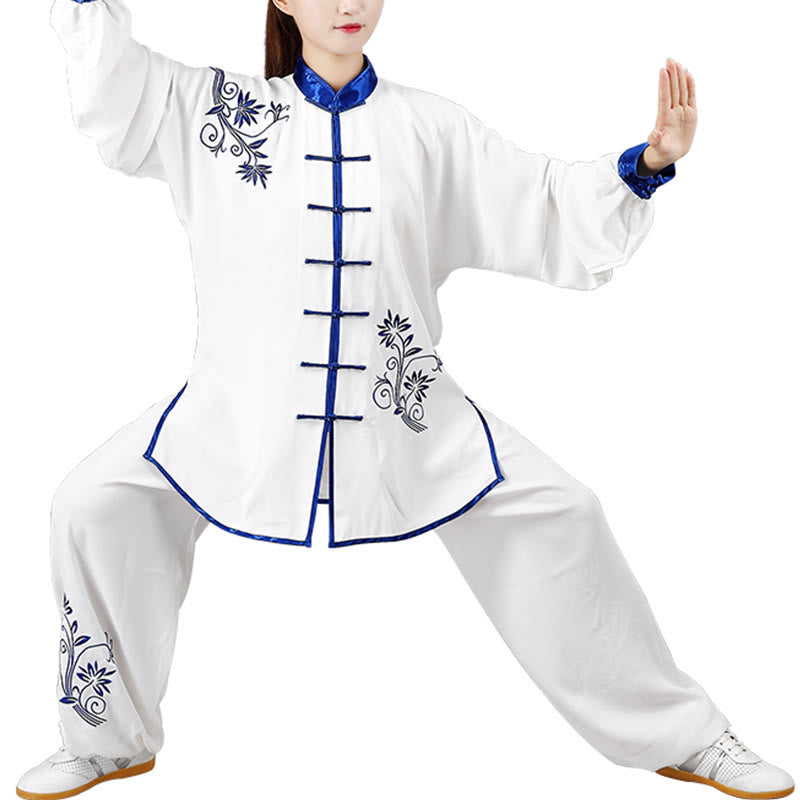Buddha Stones 2Pcs Fall Blue Embroidery Flowers Frog-Button Tai Chi Meditation Qigong Zen Practice Unisex Cotton Clothing Set - image 6