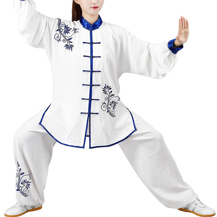 Buddha Stones 2Pcs Fall Blue Embroidery Flowers Frog-Button Tai Chi Meditation Qigong Zen Practice Unisex Cotton Clothing Set - image 6