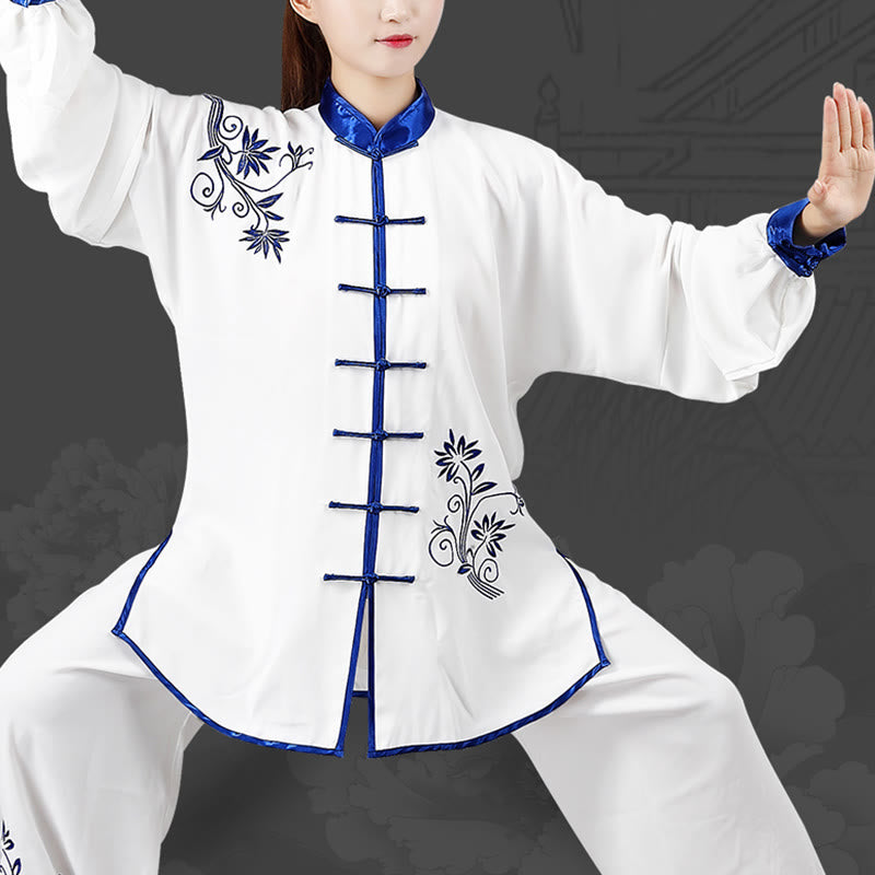 Buddha Stones 2Pcs Fall Blue Embroidery Flowers Frog-Button Tai Chi Meditation Qigong Zen Practice Unisex Cotton Clothing Set - image 4