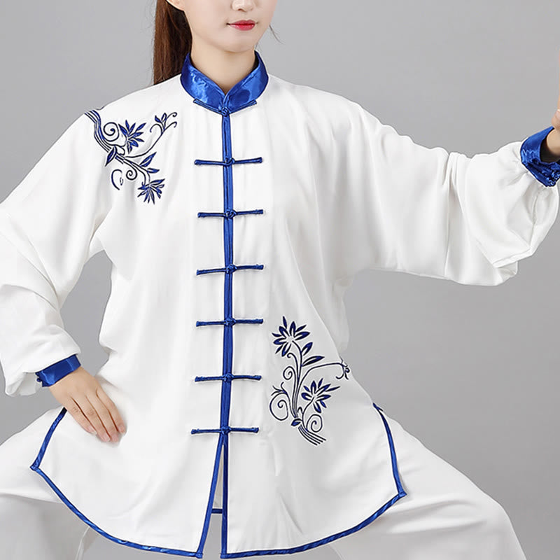 Buddha Stones 2Pcs Fall Blue Embroidery Flowers Frog-Button Tai Chi Meditation Qigong Zen Practice Unisex Cotton Clothing Set - image 3