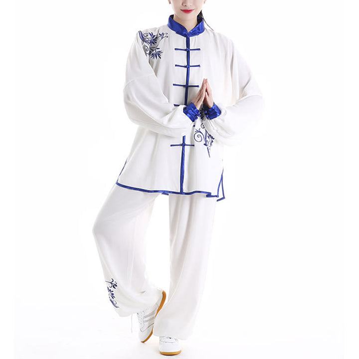 Buddha Stones 2Pcs Fall Blue Embroidery Flowers Frog-Button Tai Chi Meditation Qigong Zen Practice Unisex Cotton Clothing Set - image 5