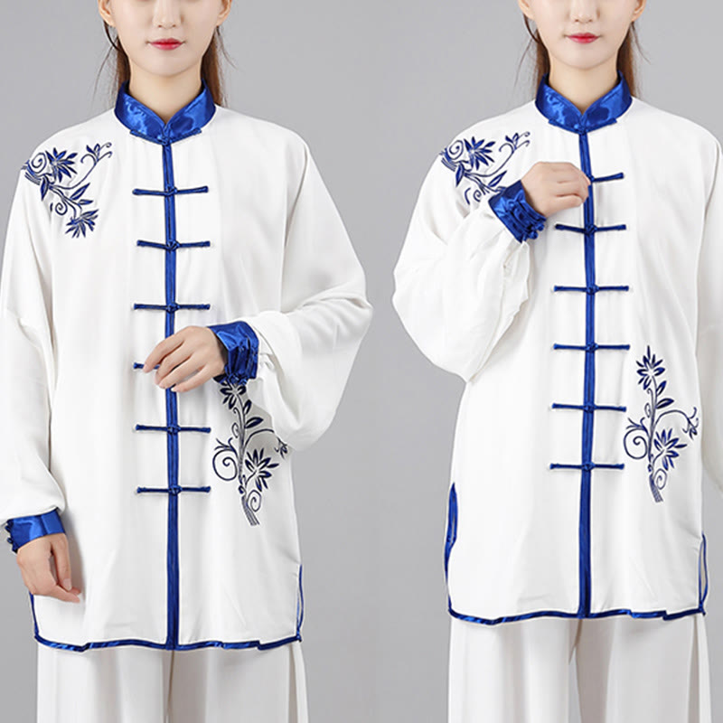 Buddha Stones 2Pcs Fall Blue Embroidery Flowers Frog-Button Tai Chi Meditation Qigong Zen Practice Unisex Cotton Clothing Set - image 2