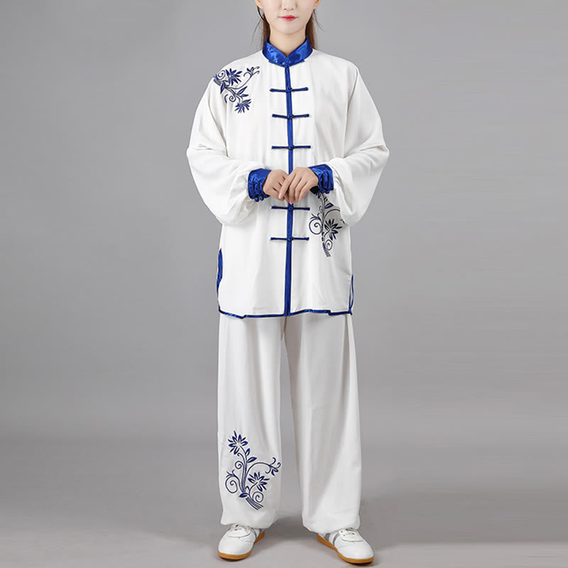 Buddha Stones 2Pcs Fall Blue Embroidery Flowers Frog-Button Tai Chi Meditation Qigong Zen Practice Unisex Cotton Clothing Set - image 1