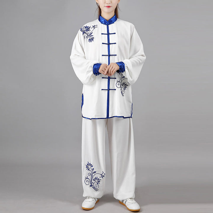 Buddha Stones 2Pcs Fall Blue Embroidery Flowers Frog-Button Tai Chi Meditation Qigong Zen Practice Unisex Cotton Clothing Set - image 1