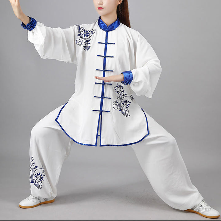 Buddha Stones 2Pcs Fall Blue Embroidery Flowers Frog-Button Tai Chi Meditation Qigong Zen Practice Unisex Cotton Clothing Set - White - 3XL-FIT FOR US/UK/AU/EU-XL - image 0