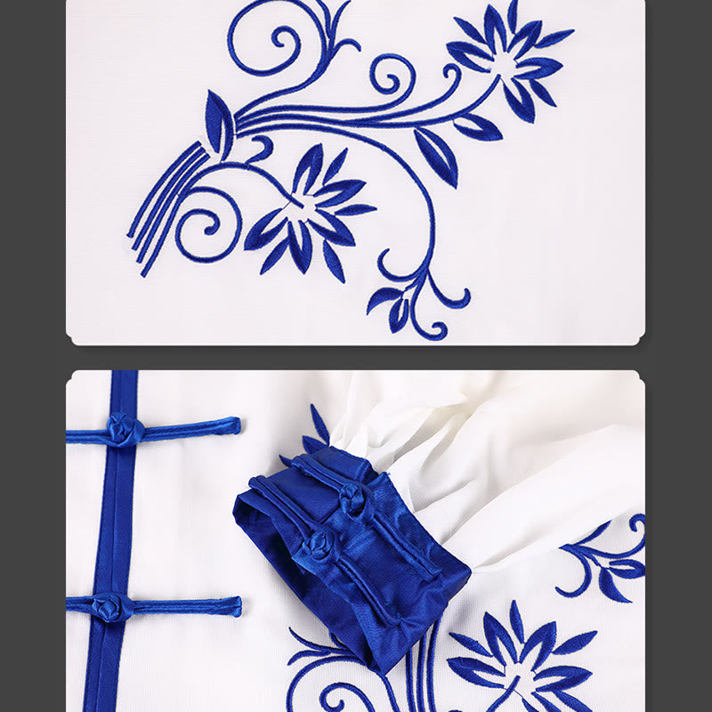 Buddha Stones 2Pcs Fall Blue Embroidery Flowers Frog-Button Tai Chi Meditation Qigong Zen Practice Unisex Cotton Clothing Set - image 8