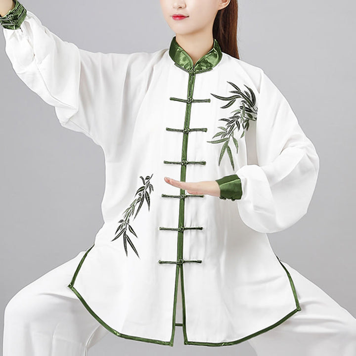 Buddha Stones 2Pcs Fall Green Bamboo Leaves Embroidery Frog-Button Tai Chi Meditation Qigong Zen Practice Unisex Cotton Clothing Set - image 1
