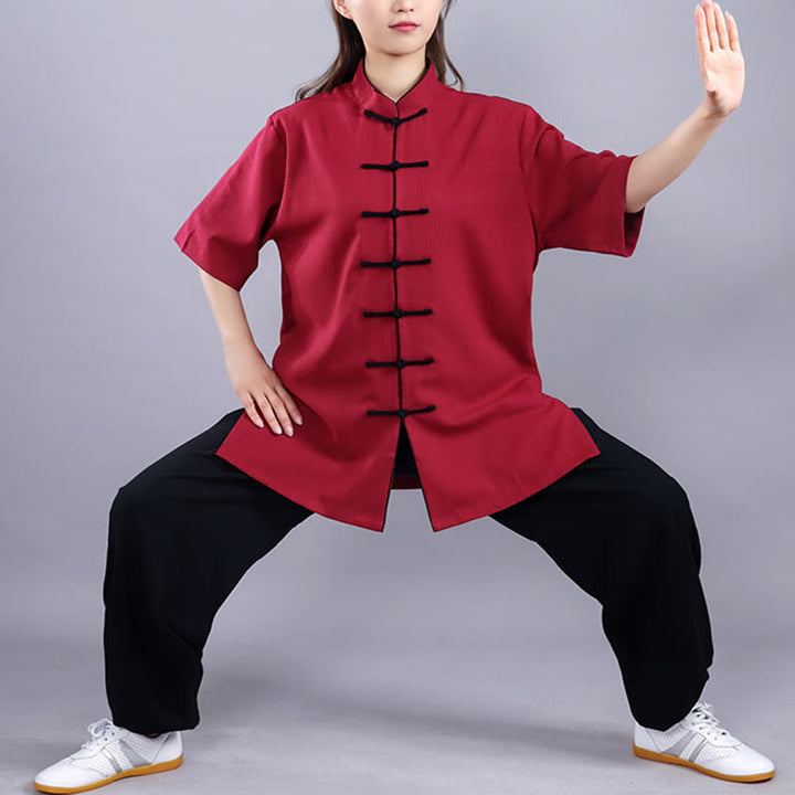Buddha Stones 2Pcs Fall Winter Frog-Button Tai Chi Meditation Qigong Zen Practice Unisex Cotton Linen Clothing Set - Short Sleeve Wine Red - 3XL-FIT FOR US/UK/AU/EU-XL - image 11