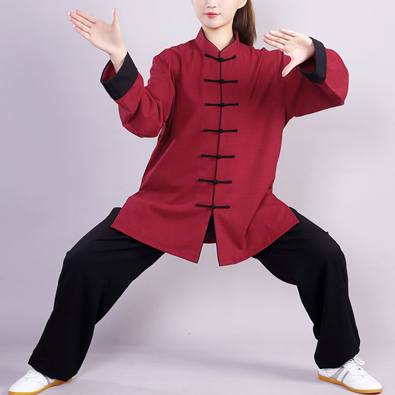 Buddha Stones 2Pcs Fall Winter Frog-Button Tai Chi Meditation Qigong Zen Practice Unisex Cotton Linen Clothing Set - Maroon Red(Fleece Lined) - 3XL-FIT FOR US/UK/AU/EU-XL - image 0