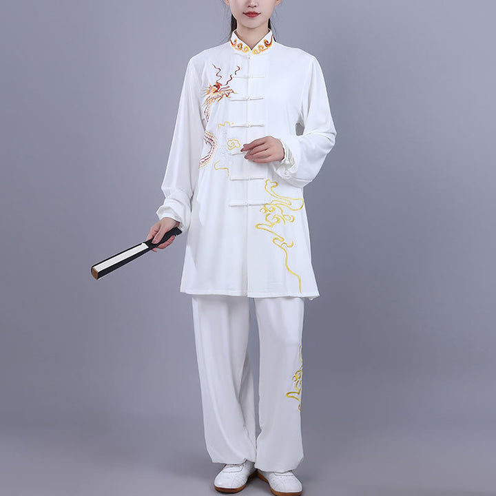 Buddha Stones 2Pcs Fall Embroidery Dragon Frog-Button Tai Chi Meditation Qigong Zen Practice Unisex Cotton Clothing Set - image 11