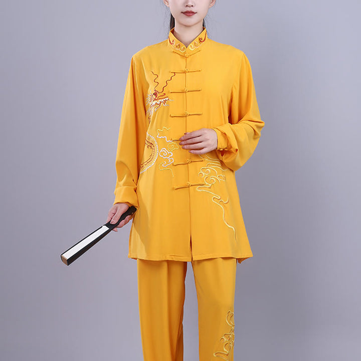 Buddha Stones 2Pcs Fall Embroidery Dragon Frog-Button Tai Chi Meditation Qigong Zen Practice Unisex Cotton Clothing Set - image 22