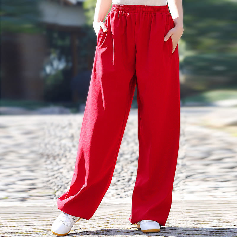 Buddha Stones Fall Winter Unisex Elastic Waist Tai Chi Qigong Practice Cotton Linen Fleece Lined Pants With Pockets - image 7