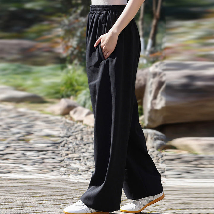 Buddha Stones Fall Winter Unisex Elastic Waist Tai Chi Qigong Practice Cotton Linen Fleece Lined Pants With Pockets - image 15