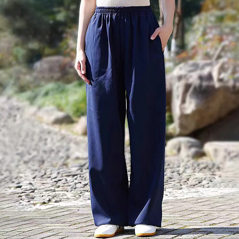 Buddha Stones Fall Winter Unisex Elastic Waist Tai Chi Qigong Practice Cotton Linen Fleece Lined Pants With Pockets - SteelBlue - 3XL-FIT FOR US/UK/AU/EU-XL - image 0