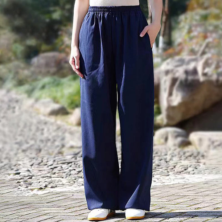 Buddha Stones Fall Winter Unisex Elastic Waist Tai Chi Qigong Practice Cotton Linen Fleece Lined Pants With Pockets - SteelBlue - 3XL-FIT FOR US/UK/AU/EU-XL - image 0