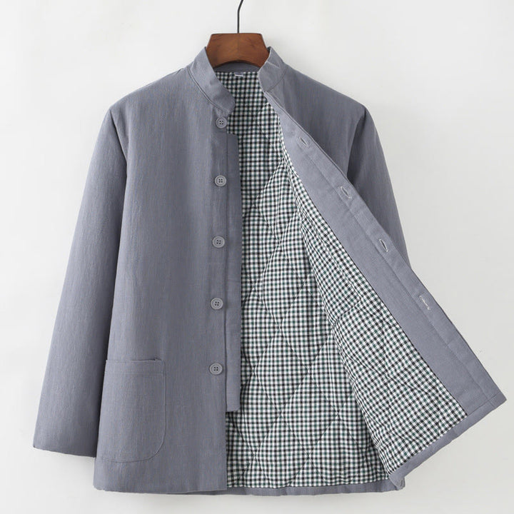 Buddha Stones Winter Men's Frog-Button Tang Suit Linen Cotton Fleece Lined Jacket Shirt With Pockets - Gray - Button Down - US/UK/AU44，EU54 (4XL) - image 3