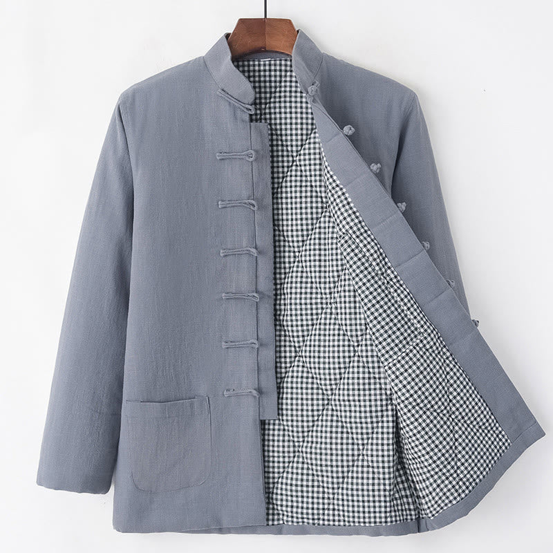 Buddha Stones Winter Men's Frog-Button Tang Suit Linen Cotton Fleece Lined Jacket Shirt With Pockets - Gray - Frog-Button - US/UK/AU44，EU54 (4XL) - image 15
