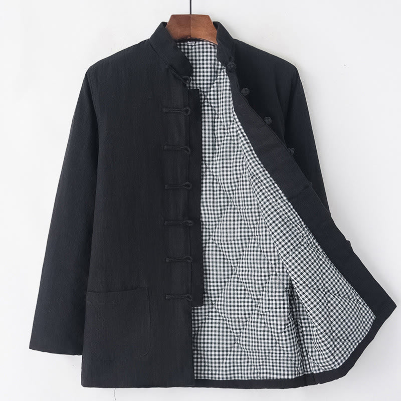 Buddha Stones Winter Men's Frog-Button Tang Suit Linen Cotton Fleece Lined Jacket Shirt With Pockets - Black - Frog-Button - US/UK/AU44，EU54 (4XL) - image 16