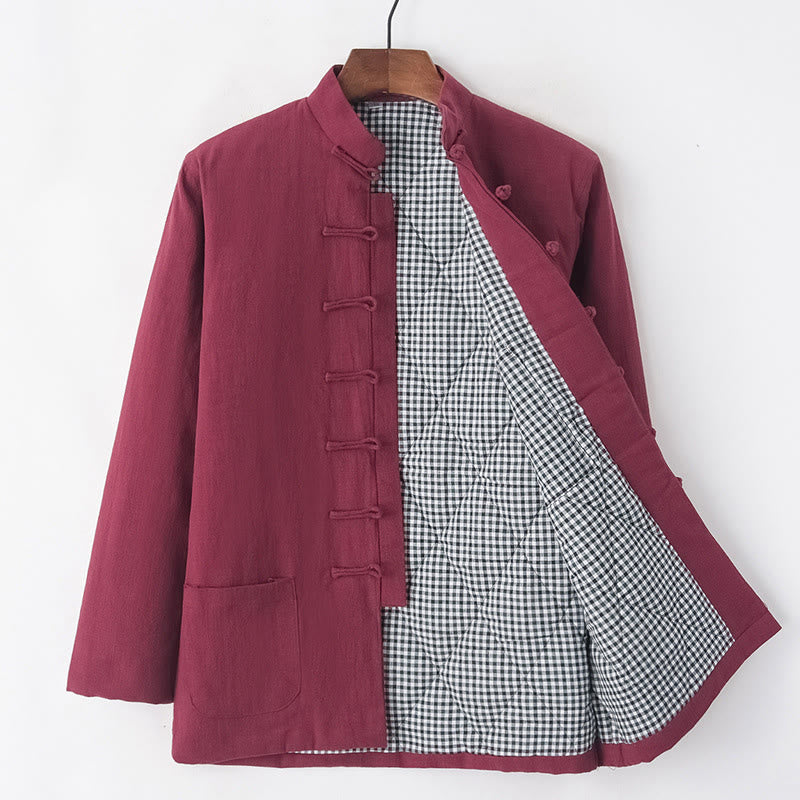 Buddha Stones Winter Men's Frog-Button Tang Suit Linen Cotton Fleece Lined Jacket Shirt With Pockets - FireBrick - Frog-Button - US/UK/AU44，EU54 (4XL) - image 17