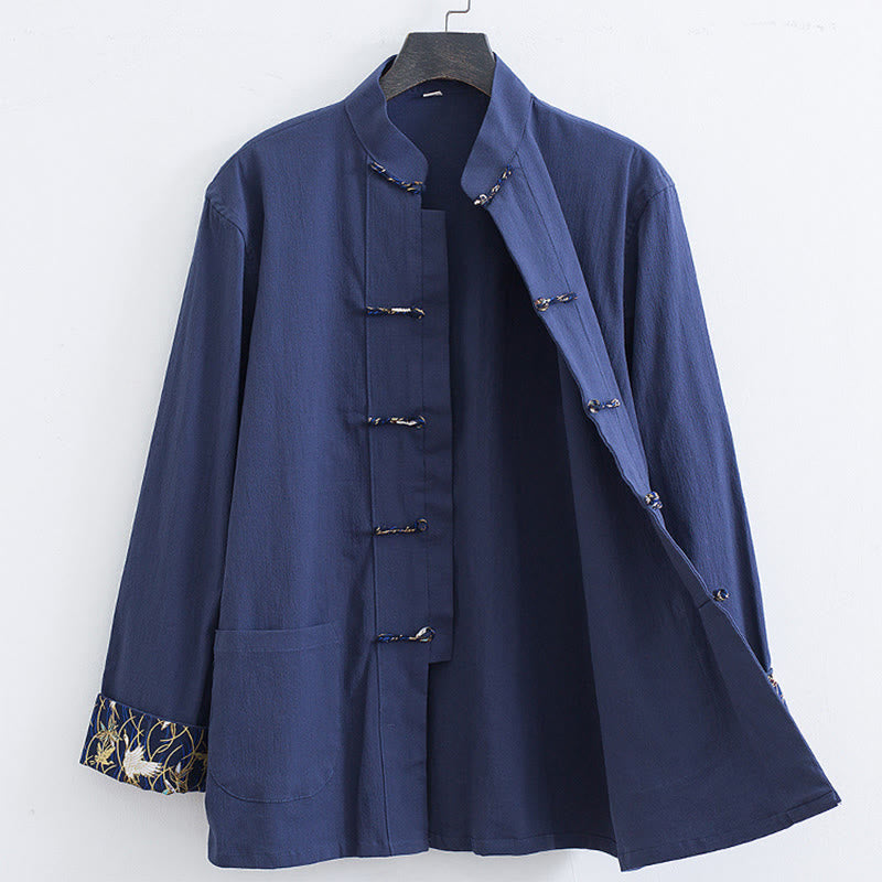 Buddha Stones Men's Frog-Button Tang Suit Cotton White Crane Embroidery Jacket Shirt With Pockets - image 10