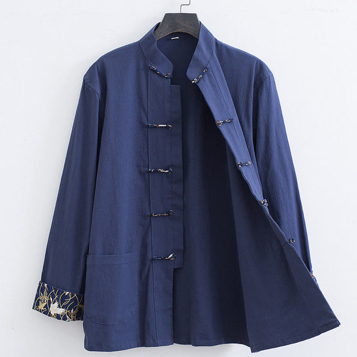 Buddha Stones Men's Frog-Button Tang Suit Cotton White Crane Embroidery Jacket Shirt With Pockets - image 10