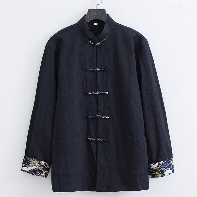 Buddha Stones Men's Frog-Button Tang Suit Cotton White Crane Embroidery Jacket Shirt With Pockets - Black - US/UK/AU44，EU54 (4XL) - image 0