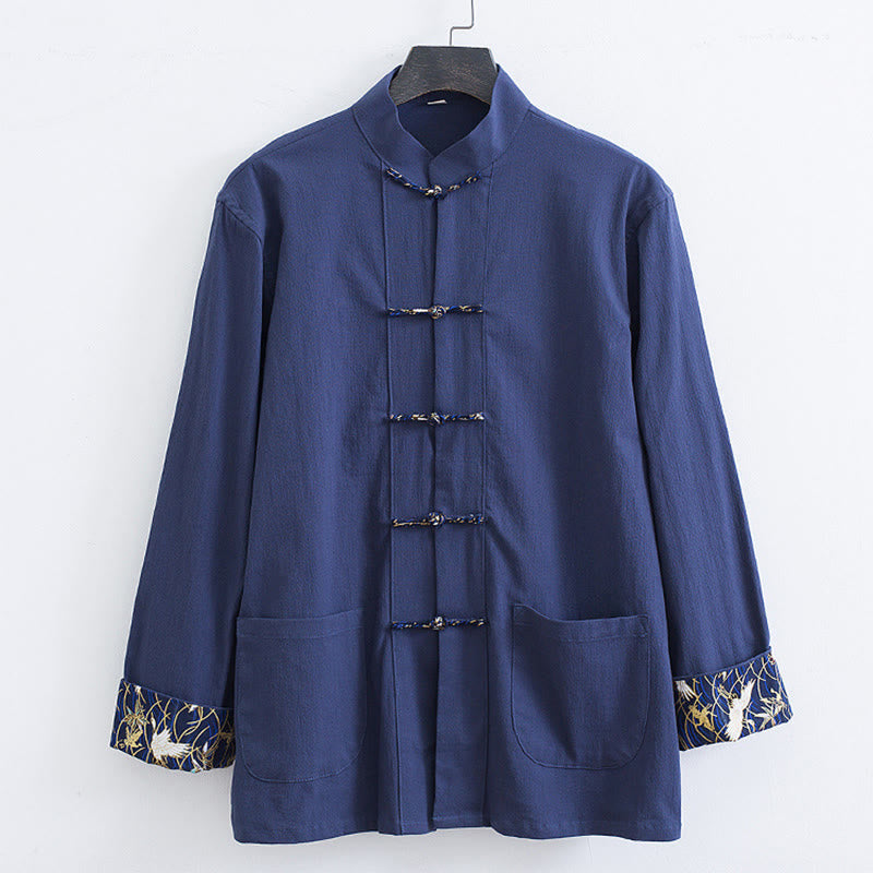 Buddha Stones Men's Frog-Button Tang Suit Cotton White Crane Embroidery Jacket Shirt With Pockets - SteelBlue - US/UK/AU44，EU54 (4XL) - image 9