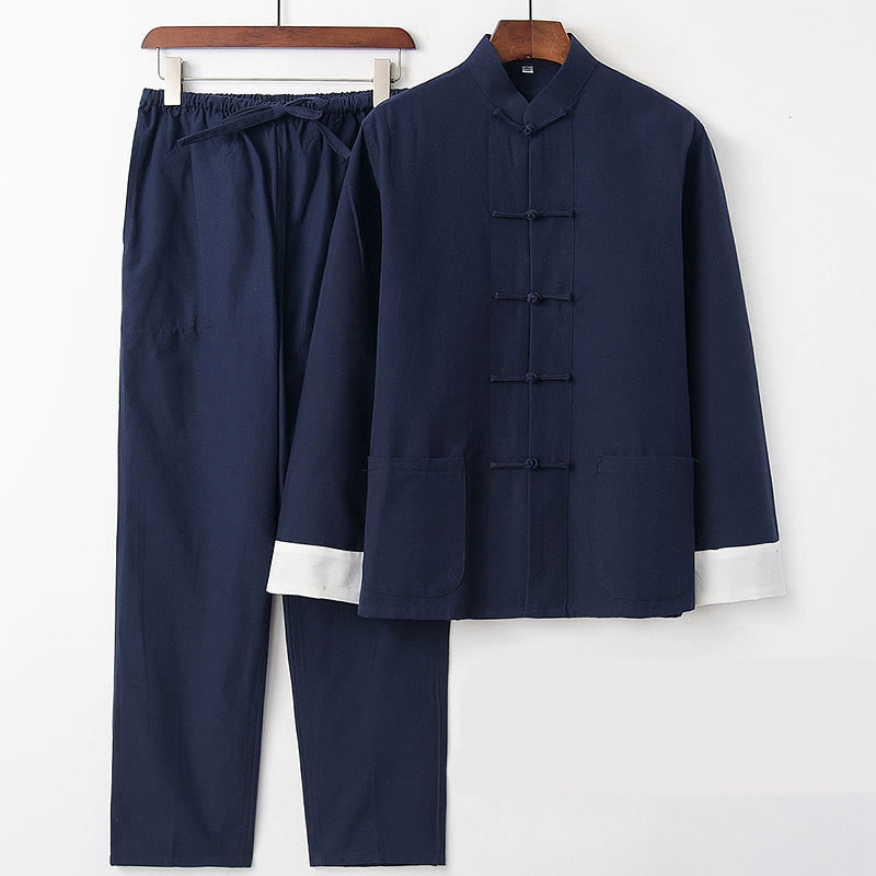 Buddha Stones 2Pcs Fall Men's Tang Suit Frog-Button Cotton Long Sleeve Shirt Pants Set - Navy Blue White Sleeve - US/UK/AU46，EU56 (5XL) - image 1