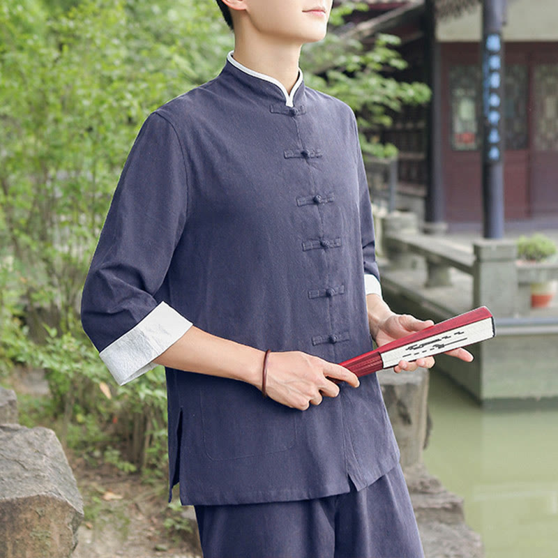 Buddha Stones 2Pcs Fall Men's Tang Suit Frog-Button Cotton Three Quarter Sleeve Shirt Pants Set - image 1