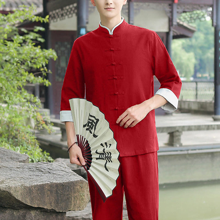 Buddha Stones 2Pcs Fall Men's Tang Suit Frog-Button Cotton Three Quarter Sleeve Shirt Pants Set - image 18