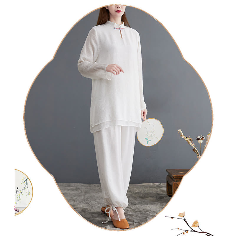 Buddha Stones 2Pcs Solid Women's Long Sleeve Shirt Pants Meditation Clothing Set - image 18