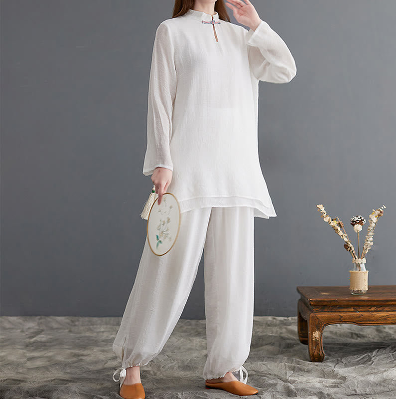 Buddha Stones 2Pcs Solid Women's Long Sleeve Shirt Pants Meditation Clothing Set - image 14