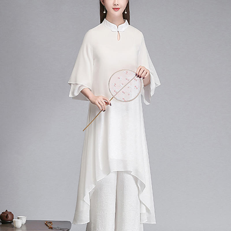 Buddha Stones Solid Women's Three Quarter Sleeve Chiffon Irregular Shirt Dress Wide Leg Pants Meditation Clothing - White Dress(Dress Only) - US8-10，UK/AU12-14，EU40-42 (2XL) - image 8