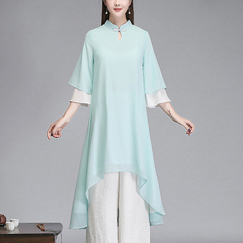Buddha Stones Solid Women's Three Quarter Sleeve Chiffon Irregular Shirt Dress Wide Leg Pants Meditation Clothing - Aqua Blue Dress(Dress Only) - US8-10，UK/AU12-14，EU40-42 (2XL) - image 0
