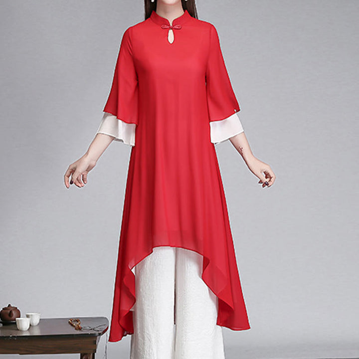 Buddha Stones Solid Women's Three Quarter Sleeve Chiffon Irregular Shirt Dress Wide Leg Pants Meditation Clothing - Red Dress(Dress Only) - US8-10，UK/AU12-14，EU40-42 (2XL) - image 16