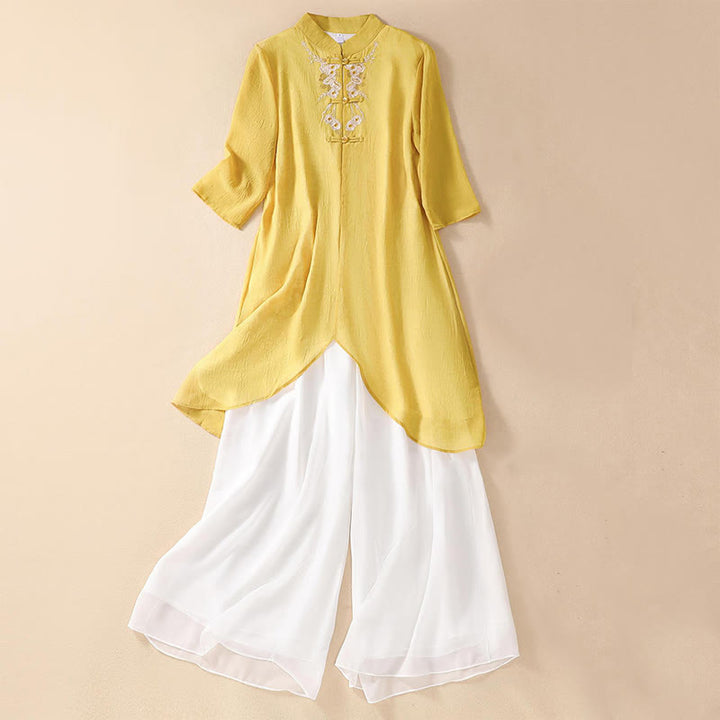 Buddha Stones Women's Flower Embroidery Frog-Button Shirt Dress Wide Leg Pants - image 0