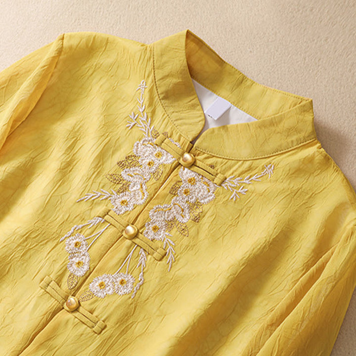 Buddha Stones Women's Flower Embroidery Frog-Button Shirt Dress Wide Leg Pants - Yellow Shirt - US8-10，UK/AU12-14，EU40-42 (2XL) - image 1