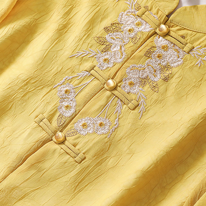 Buddha Stones Women's Flower Embroidery Frog-Button Shirt Dress Wide Leg Pants - image 6