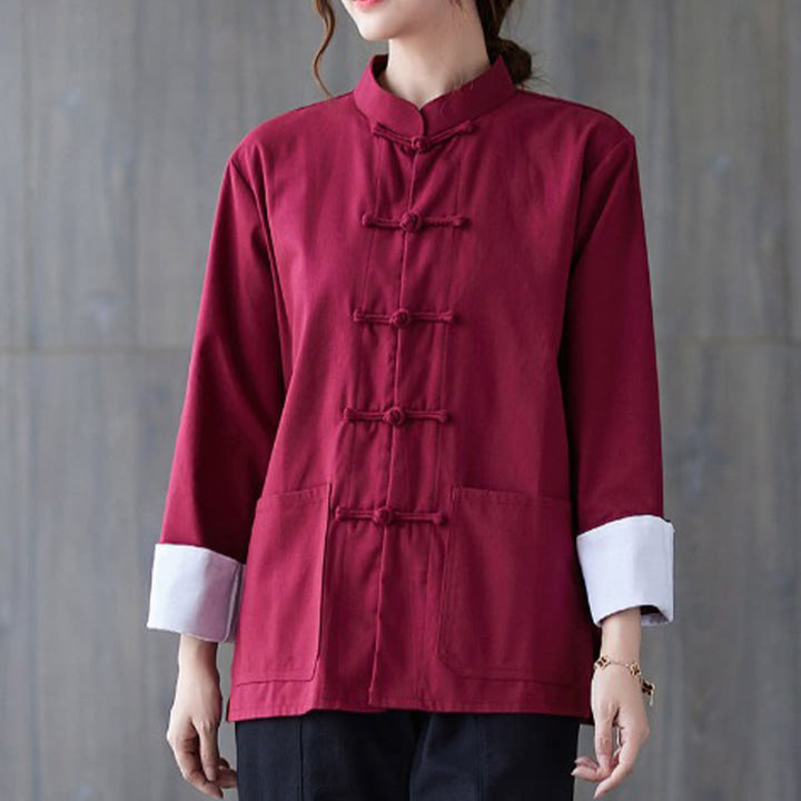 Buddha Stones Women's Frog-Button Long Sleeve Shirt Pants Meditation Cotton Linen Clothing - Burgundy Shirt - US8-10，UK/AU12-14，EU40-42 (2XL) - image 7