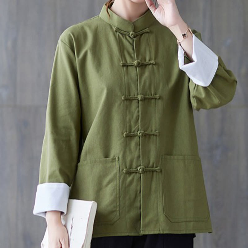 Buddha Stones Women's Frog-Button Long Sleeve Shirt Pants Meditation Cotton Linen Clothing - Green Shirt - US8-10，UK/AU12-14，EU40-42 (2XL) - image 0