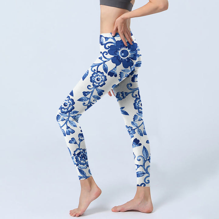 Buddha Stones Blue Flowers Leaves Branches Print Gym Leggings Women's Yoga Pants - image 2