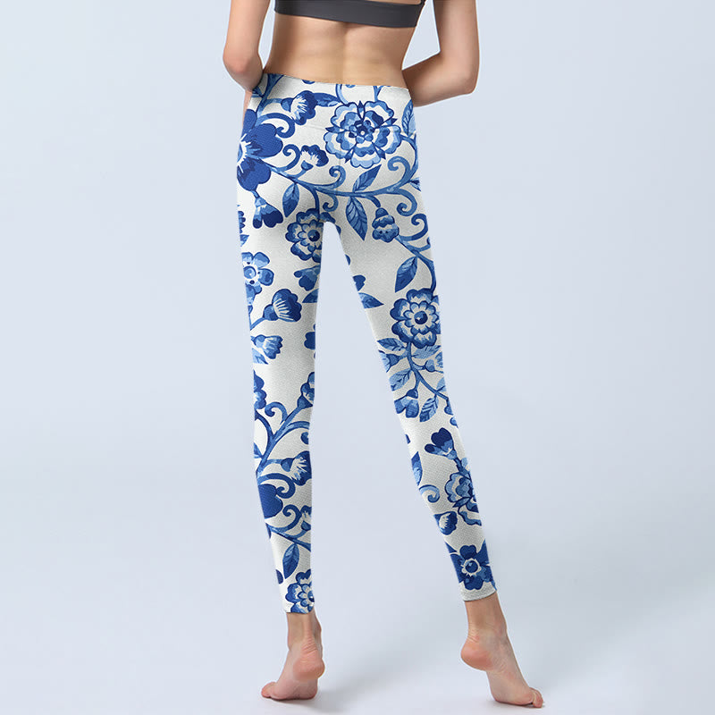 Buddha Stones Blue Flowers Leaves Branches Print Gym Leggings Women's Yoga Pants - image 6