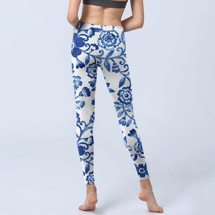Buddha Stones Blue Flowers Leaves Branches Print Gym Leggings Women's Yoga Pants - image 6
