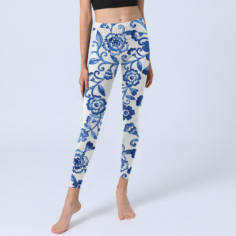 Buddha Stones Blue Flowers Leaves Branches Print Gym Leggings Women's Yoga Pants - image 5